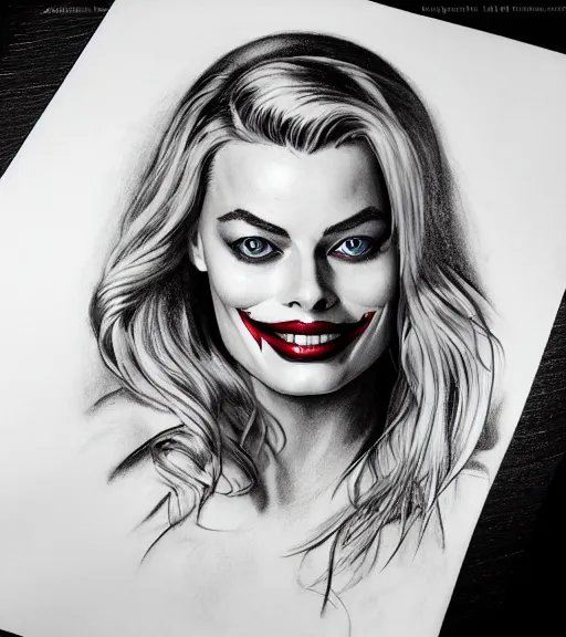 Prompt: tattoo design sketch of beautiful margot robbie portrait with joker makeup, in the style of den yakovlev, realistic face, black and white, realism tattoo, hyper realistic, highly detailed, award winning drawing