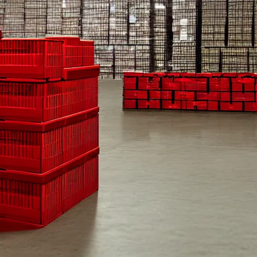Prompt: two frames of equal size, the first a warehouse full of boxes, the second is exactly the same picture except the boxes are red