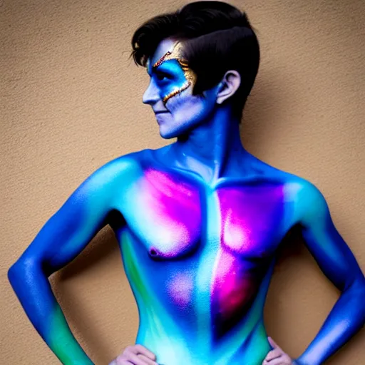 Image similar to iridescent bodypaint on a swashbuckling space pirate