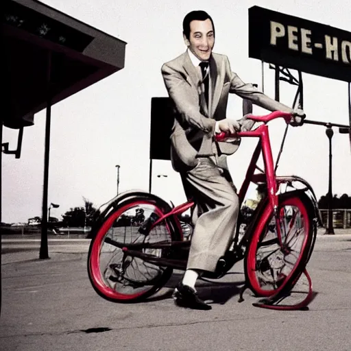 Prompt: Pee-Wee Herman on his bike outside an Adult Movie theater