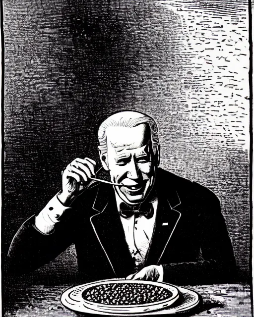 Image similar to illustration of joe biden eating a can of baked beans from the dictionarre infernal, etching by louis le breton, 1 8 6 9, 1 2 0 0 dpi scan