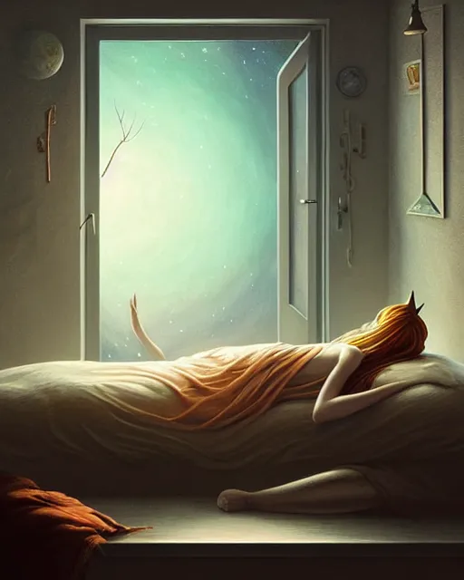 Image similar to beautiful painting of a elven sleeping on a bedroom, poster art by mor than, cgsociety, space art, sci - fi, cosmic horror, sense of awe, art by mike winkelmann, sky night, illustration, highly detailed, simple, smooth and clean vector curves, no jagged lines, vector art, smooth, artstation