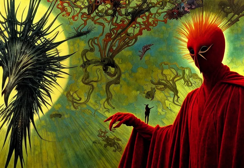 Image similar to realistic detailed portrait movie still of a birdman wearing dark robe, sci fi landscape background by denis villeneuve, amano, yves tanguy, alphonse mucha, max ernst, ernst haeckel, roger dean, masterpiece, rich moody colours, snarling dog teeth