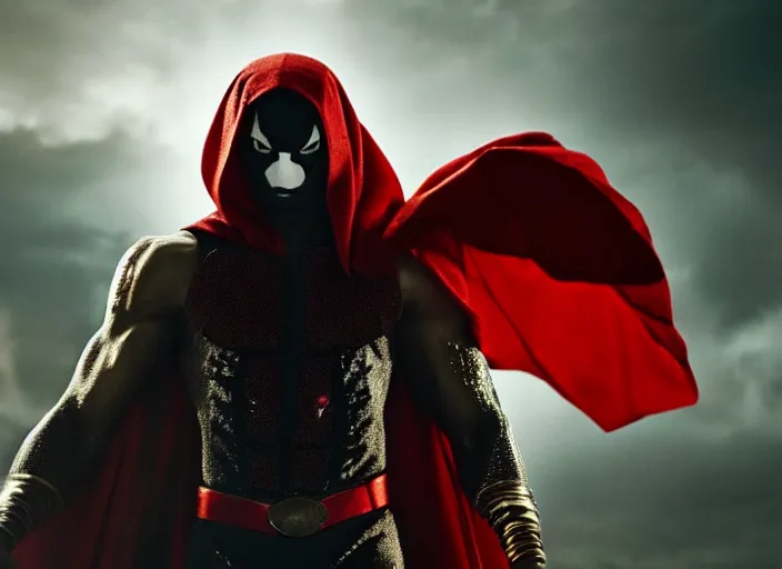 Image similar to film still of michael b jordan as spawn in the new spawn movie, giant chains, large cape, 8 k