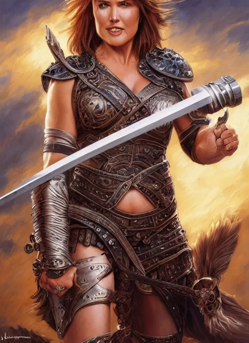 Image similar to Lucy Lawless as Xena as a ruggedly handsome hero holding an enormous large dual wielding sword, intricate, elegant, highly detailed, centered, digital painting, artstation, concept art, smooth, sharp focus, illustration, artgerm, donato giancola, Joseph Christian Leyendecker, WLOP, Boris Vallejo, Artgerm