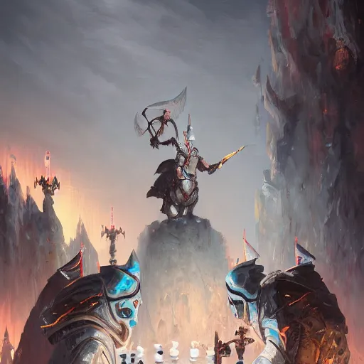 Image similar to a giant white chess knight piece, glowing chess knight, glowing chess knight, chess knight, chess knight, chess knight, battlefield background, bright art masterpiece artstation. 8 k, sharp high quality artwork in style of jose daniel cabrera pena and greg rutkowski, concept art by tooth wu, hearthstone card game artwork, chess knight