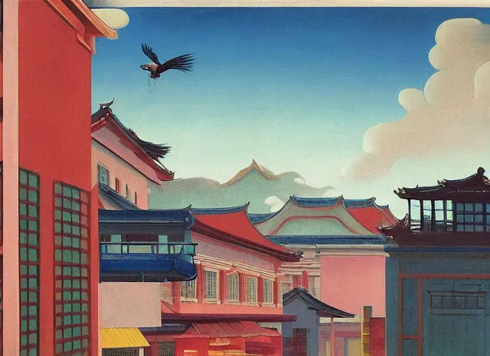 Image similar to old asian city, clouds, bird, open ceiling, strange foreign objects, oil painting by edward hopper, chirico and rene magritte