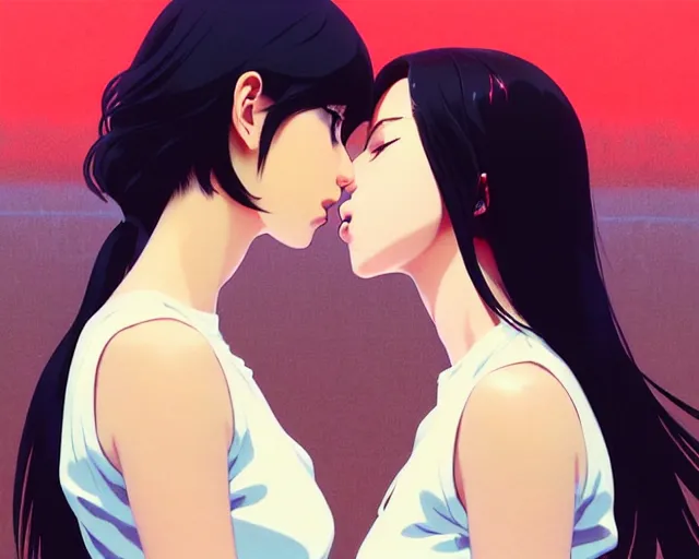 Image similar to two girls kissing | very very anime!!!, fine - face, audrey plaza, realistic shaded perfect face, fine details. anime. realistic shaded lighting poster by ilya kuvshinov katsuhiro otomo ghost - in - the - shell, magali villeneuve, artgerm, jeremy lipkin and michael garmash and rob rey