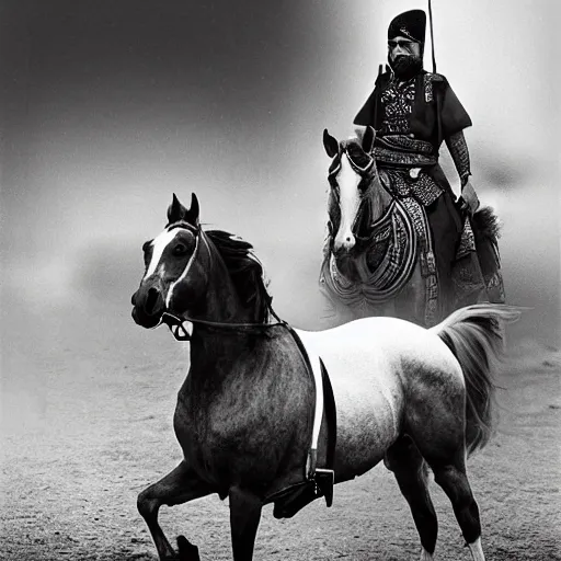 Prompt: white and black 1 8 0 0 photography of gengis khan on his horse after the conquest of china, realistic, foggy, china, post - apocalyptic, photo, photograph, high detailed, camera