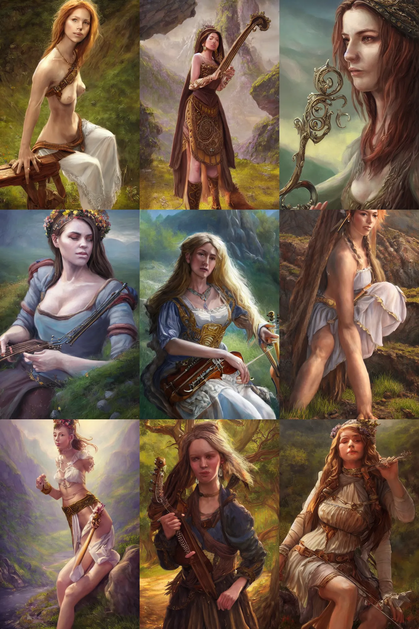 Prompt: a full body high detail fantasy portrait oil painting illustration of a single beautiful sitting bard woman by justin sweet with face and body clearly visible, in a scenic background, pretty eyes, realistic proportions, d & d, rpg, forgotten realms, artstation trending, high quality, sombre mood, artstation trending, muted colours, entire person visible!