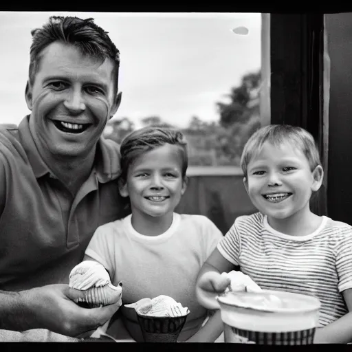 Image similar to happy family enjoying ice cream, clandestine, film grain, specular highlights, 3 5 mm lens, government archive photograph