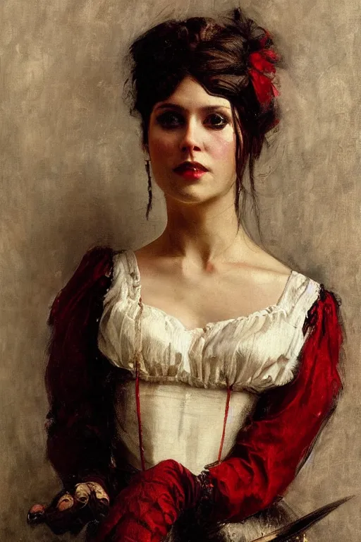 Image similar to Solomon Joseph Solomon and Richard Schmid and Jeremy Lipking victorian genre painting full length portrait painting of a young beautiful woman wearing gloves traditional german french actress model pirate wench in fantasy costume, red background