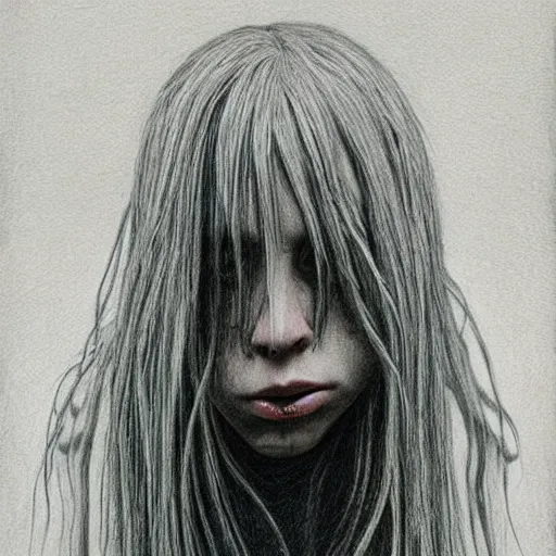 Prompt: grunge drawing of billie eilish by - Zdzisław Beksiński , stick figure style, horror themed, detailed, elegant, intricate