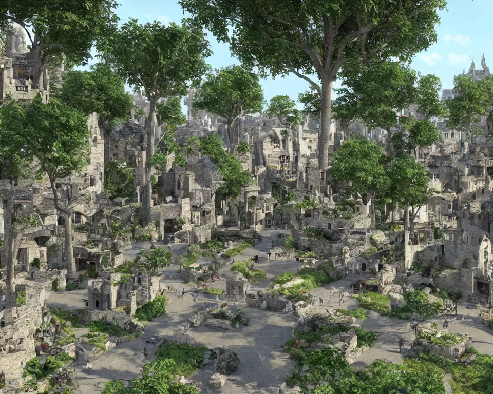 Image similar to medieval fae city, built into trees and stone, street view, unreal engine, hyperrealism