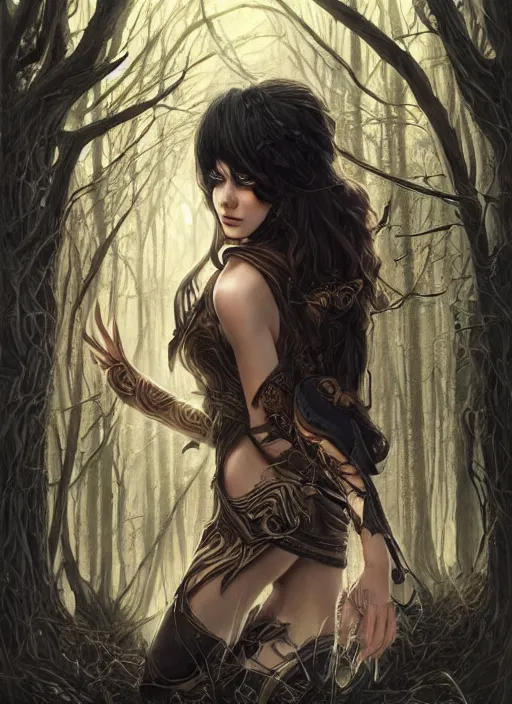 Image similar to a highly detailed symmetrical painting of a female fantasy mage with piercing beautiful eyes in dark dead forest setting, trending on artstation, art by artgerm and karol bak and mark brooks