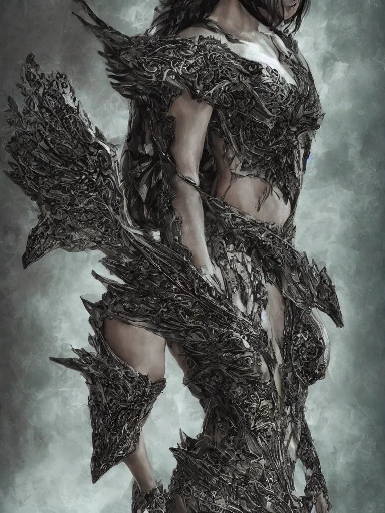 Image similar to 8K render! beautiful Adriana Lima in Skyrim MOD Angel Armor, wings wide opened , whole body heavily covered in elfish tattoos , intricate, elegant, highly detailed, digital painting, artstation, wallpaper!, concept art, smooth, sharp focus, high fantasy illustration, art by artgerm and Vasylina, and Peter Andrew Jones