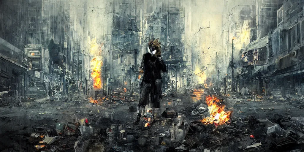 Image similar to post apocalyptic city, revolutionary punk masked up punk, fire, damaged, trash, full shot, by jeremy mann