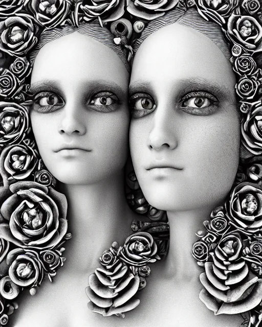 Image similar to mythical dreamy black and white organic bio-mechanical spinal ribbed profile face portrait detail of translucent steampunk beautiful siamese sisters females angelic-human-queen-vegetal-cyborg, highly detailed, intricate trnaslucent ivy jelly ornate, poetic, translucent roses ornate, 3D render, digital art, octane render, 8K artistic photography, photo-realistic, by Dora Maar