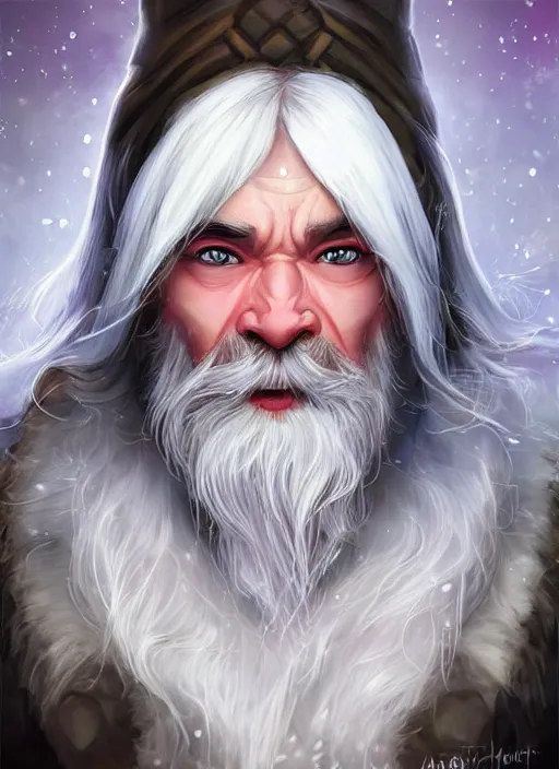Prompt: happy dwarf with white hair, red iris, long beard, pale snow white skin, full body character portrait, colorful, highly detailed, digital art by artgerm