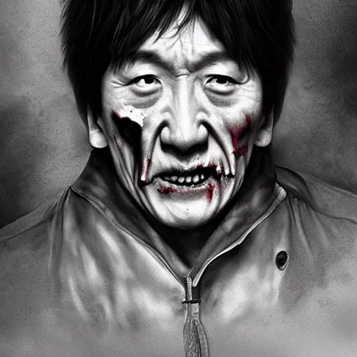 Image similar to a zombie Jackie Chan, by WLOP, horror, wounds, bloody, detailed, realistic, trending on artstation