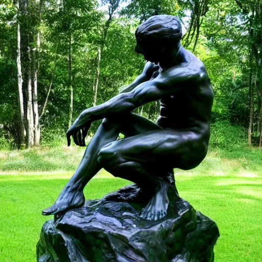 Prompt: The thinker sculpture by auguste rodin in the style of William Bartram mushrooms at the base , placed in a lush forest