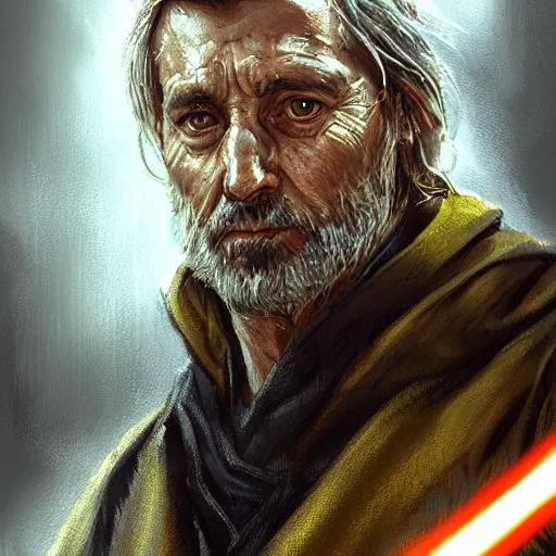 Image similar to portrait of a man by greg rutkowski, old jedi master nat skywalker, long messy hair, beard, wearing a yellow and black tactical gear, star wars expanded universe, highly detailed portrait, he is about 5 0 years old, digital painting, artstation, concept art, smooth, sharp foccus ilustration, artstation hq