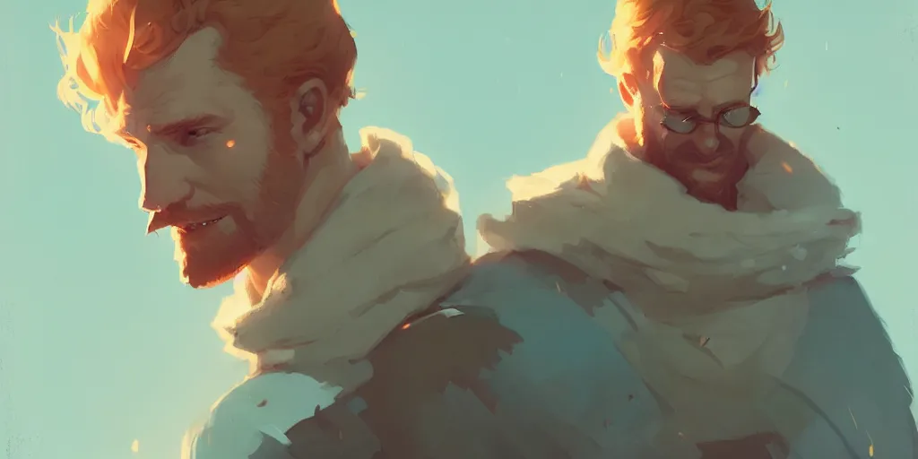 Image similar to portrait of cullen with a beautiful ginger woman he loves by atey ghailan, by greg rutkowski, by greg tocchini, by james gilleard, by joe fenton, by kaethe butcher, dynamic lighting, gradient light blue, brown, blonde cream and white color scheme, grunge aesthetic