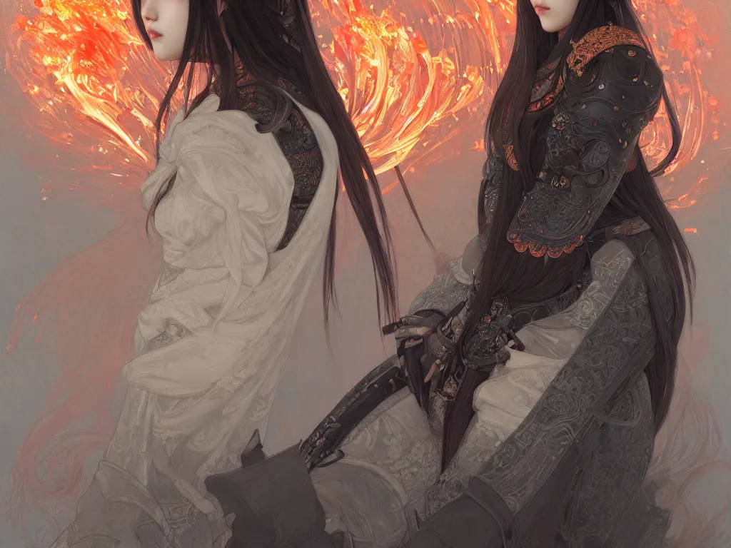 Image similar to portrait jisoo blackpink, grey hair armored samurai clothes, in fire japanese temple wet night, ssci - fi and fantasy, intricate and very very beautiful and elegant, digital painting, artstation, concept art, smooth and sharp focus, illustration, art by tian zi and wlop and alphonse mucha