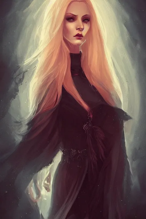 Image similar to beautiful wicked female occultist, sweeping ombre blonde hair, red eyes, portrait, high cheekbones, Victorian, black velvet dress, dark colors, magic Amulet, fantasy painting, trending in Artstation, GSociety, by Charlie Bowater, Brom, Bastien Lecouffe-Deharme