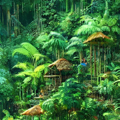 Image similar to a village in the rainforest, highly detailed, hd, beautiful, sharp focus, vine, lush plants, smoothly, artstation, by john berkey