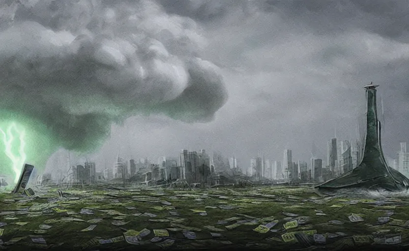 Image similar to A tornado made of cash and Ethereum, landscape art, concept art, intense