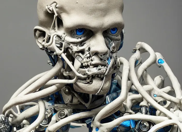 Image similar to a bust sculpture of anatomical detailed cyborg, blue blood ceramic base, studio lighting