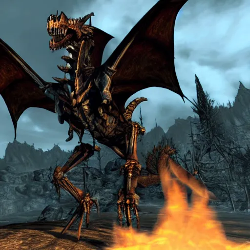 Prompt: a screenshot from skyrim showing a dragon skeleton