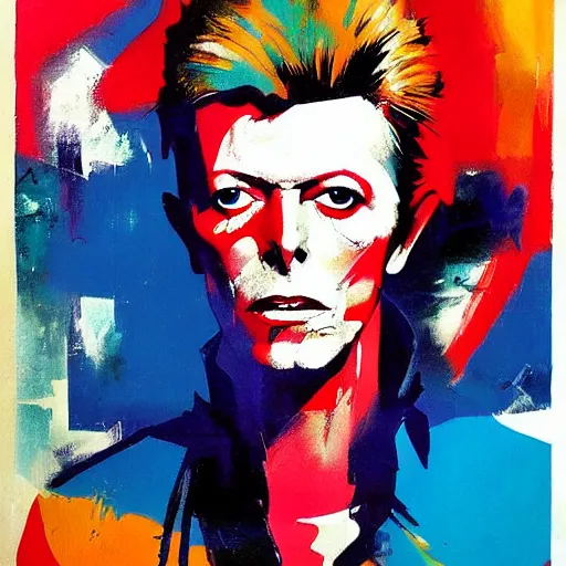 Image similar to David Bowie by Ashley Wood, Yoji Shinkawa, Jamie Hewlett, 60's French movie poster, French Impressionism, vivid colors, palette knife and brush strokes, Dutch tilt