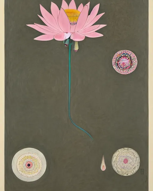 Image similar to blossoming lotus, rhythm, imperil, by hilma af klint, moebius, victo ngai, laurie greasly