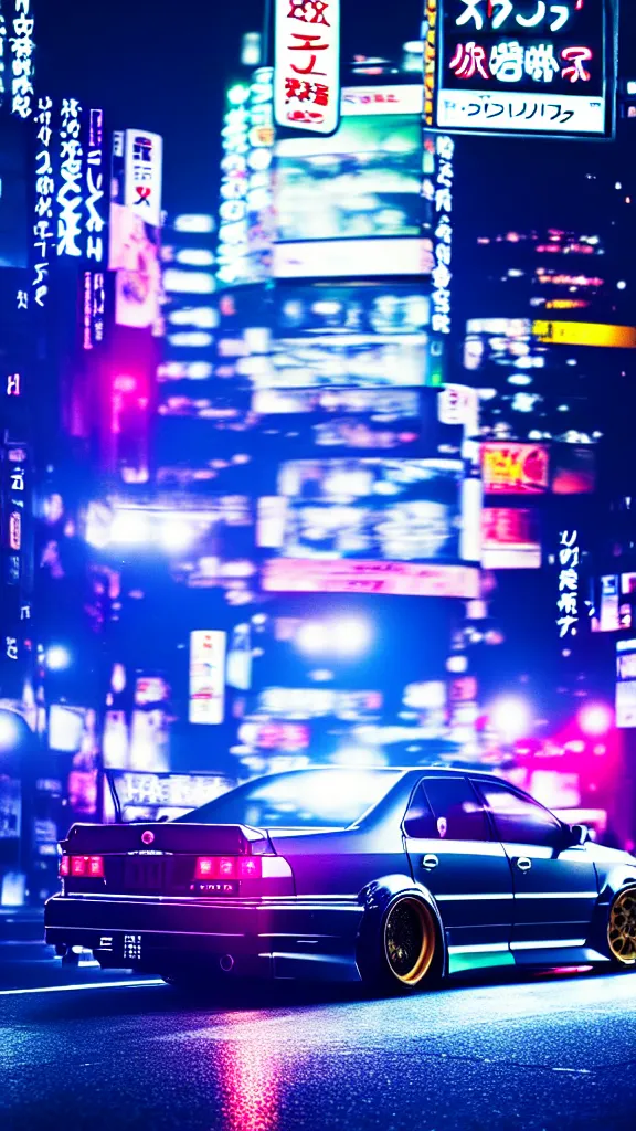 Image similar to a car drift spec JZX100 in middle of road, shibuya prefecture, city midnight neon lights, cinematic color, photorealistic, highly detailed