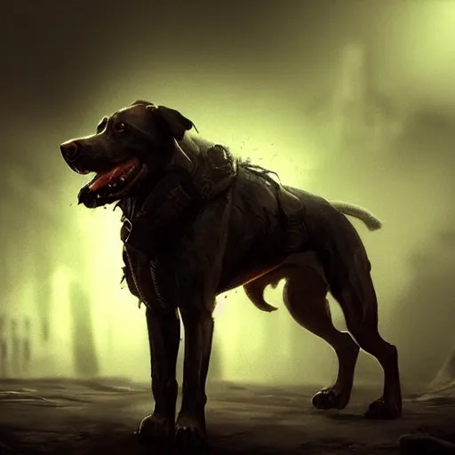 Image similar to cinematic portrait of brutal epic dog, concept art, artstation, glowing lights, highly detailed