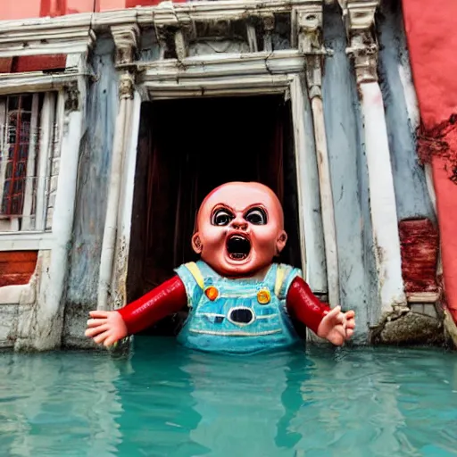 Image similar to a screaming chucky doll swimming after a gondola of tourists in venice