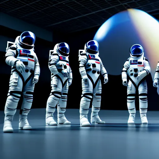 Image similar to astronauts in a meeting, there is a xenomorph behind them holding a blade, hyperrealistic, 3 d, 8 k, unreal engine, octane render, make it look like it was made by dall - e 2