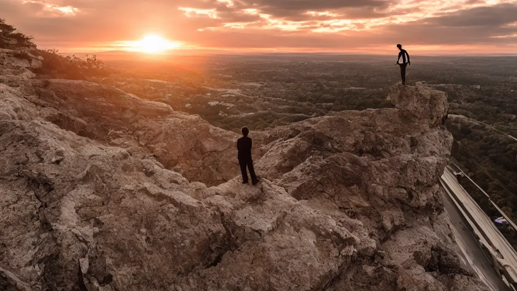 Image similar to a dramatic movie still of a man standing on the roof of a car parked on the edge of a tall cliff at a beautiful sunset, golden hour