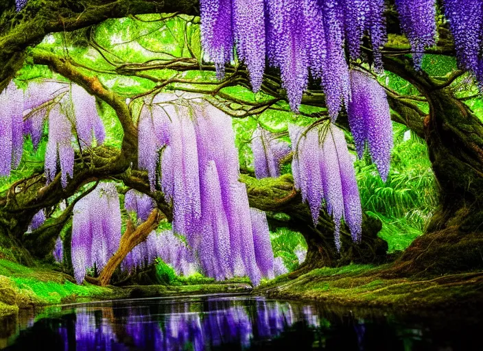 Image similar to a small wisteria tree on an island in a river in an underground cave. fantasy magic style. highly detailed 8 k. intricate. lifelike. soft light. sony a 7 r iv 5 5 mm. cinematic post - processing