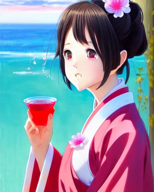 Image similar to very cute girl holding a drink in hanfu near the sea | very anime!!!, fine face, audrey plaza, realistic shaded perfect face, fine details. anime. strong realistic shaded lighting poster by ilya kuvshinov katsuhiro otomo ghost, magali villeneuve, artgerm, jeremy lipkin and michael garmash and rob rey