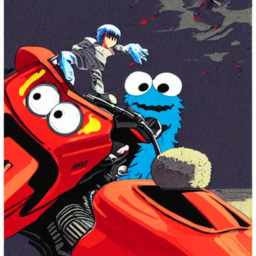 Image similar to cookie monster riding kaneda's motorcycle from akira by ilya kuvshinov katsuhiro otomo