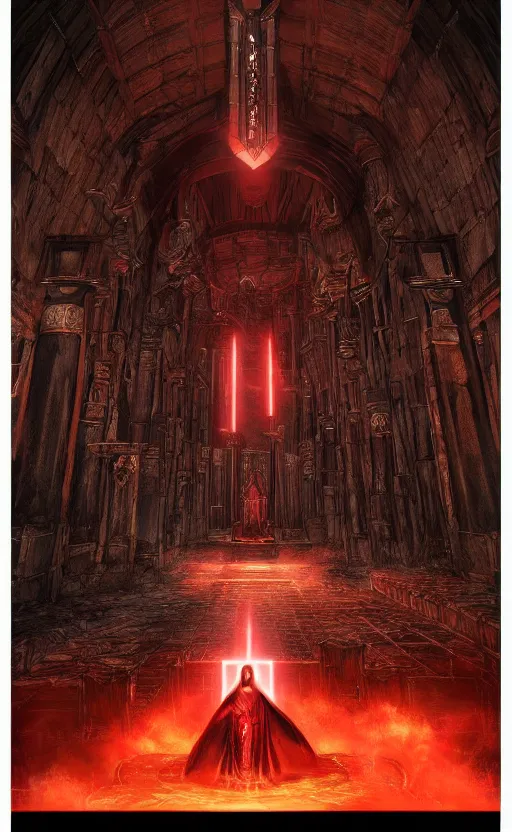 Image similar to « a beautiful darth bane creating a rule of two in an ancient sith temple stylized as a catholic church, very realistic, trending on artstation »