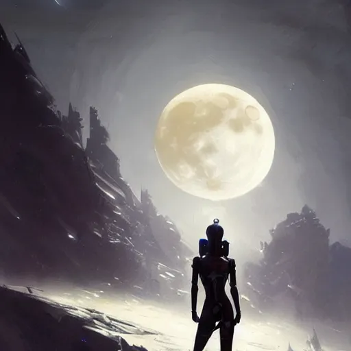 Prompt: A female cyborg, silhouetted by a gigantic Moon, fantasy art by Greg Rutkowski