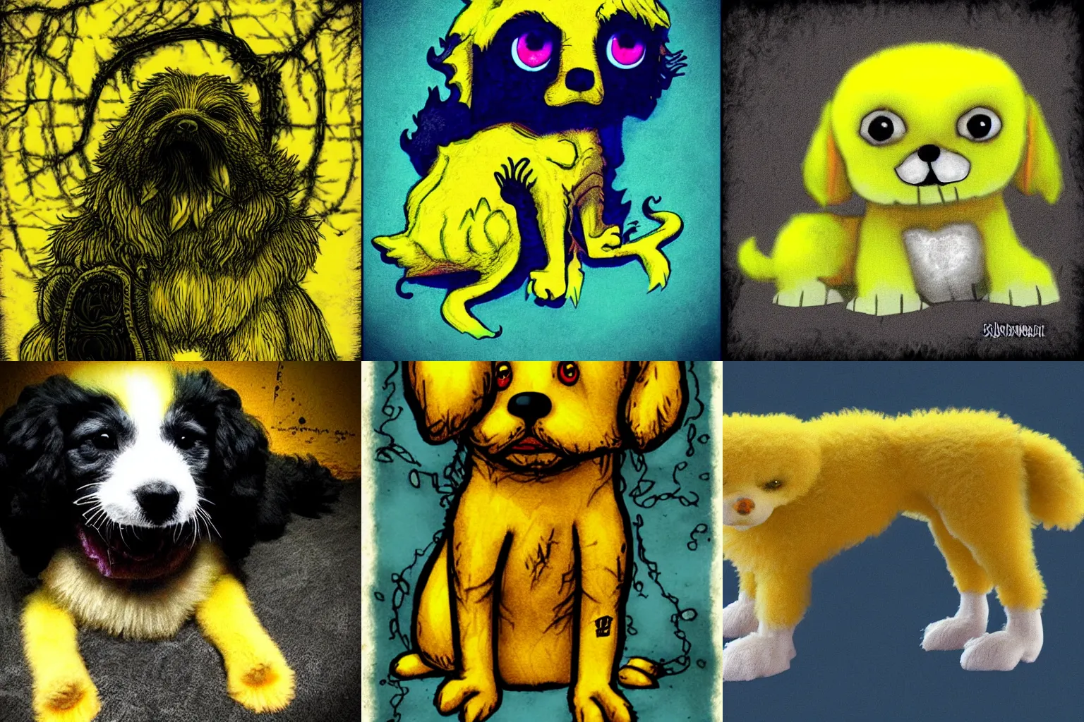 Prompt: cute yellow fluffy puppy dog. style of lovecraft horror fantasy.