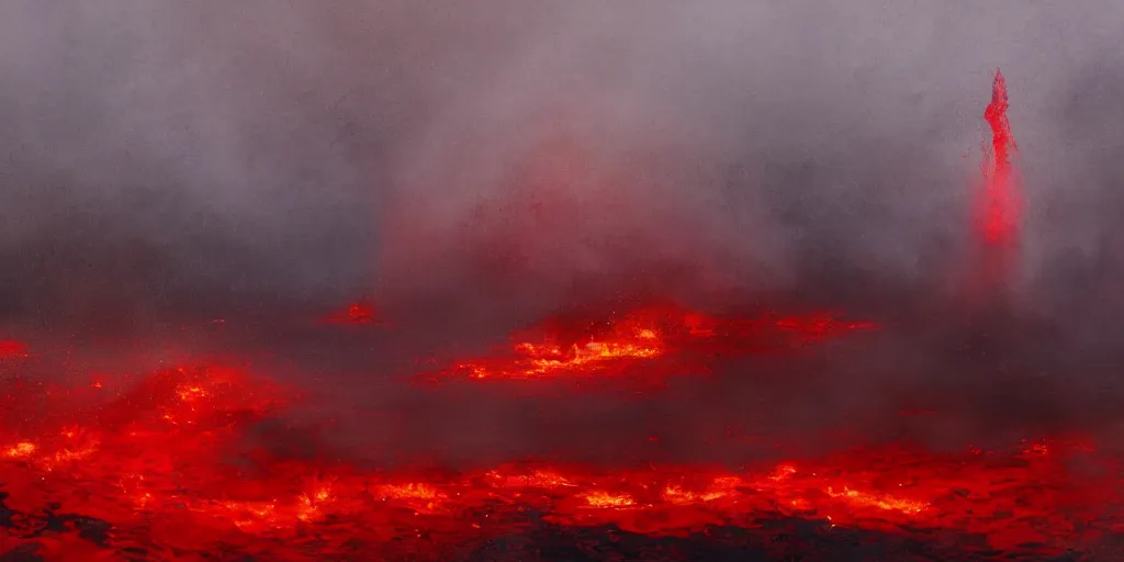 Image similar to a boiling, roiling and flaming red sea, geysers of steam, illustration, raining, dark and moody lighting, at night, digital art, oil painting, fantasy, 8 k, trending on artstation, detailed