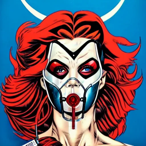 Prompt: a profile photo of a red head devil woman with a diving oxygen mask with side profile blood in ocean intricate details by MARVEL comics and Sandra Chevrier-C