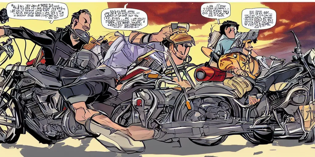 Image similar to motorcycle chase battle highway style of a graphic novel