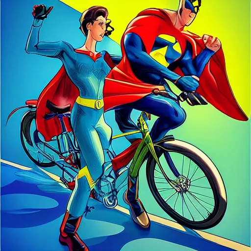 Prompt: a propaganda style poster to ban superheroes from riding bikes. by artgerm. in brilliant technicolor.